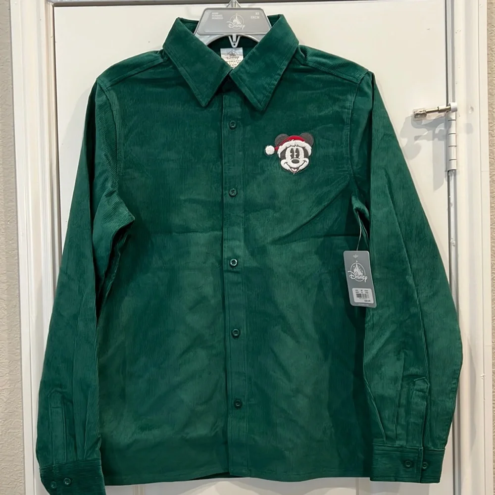 NWT! Disney Christmas Mickey green corduroy button up collared shirt - Picture 1 of 5